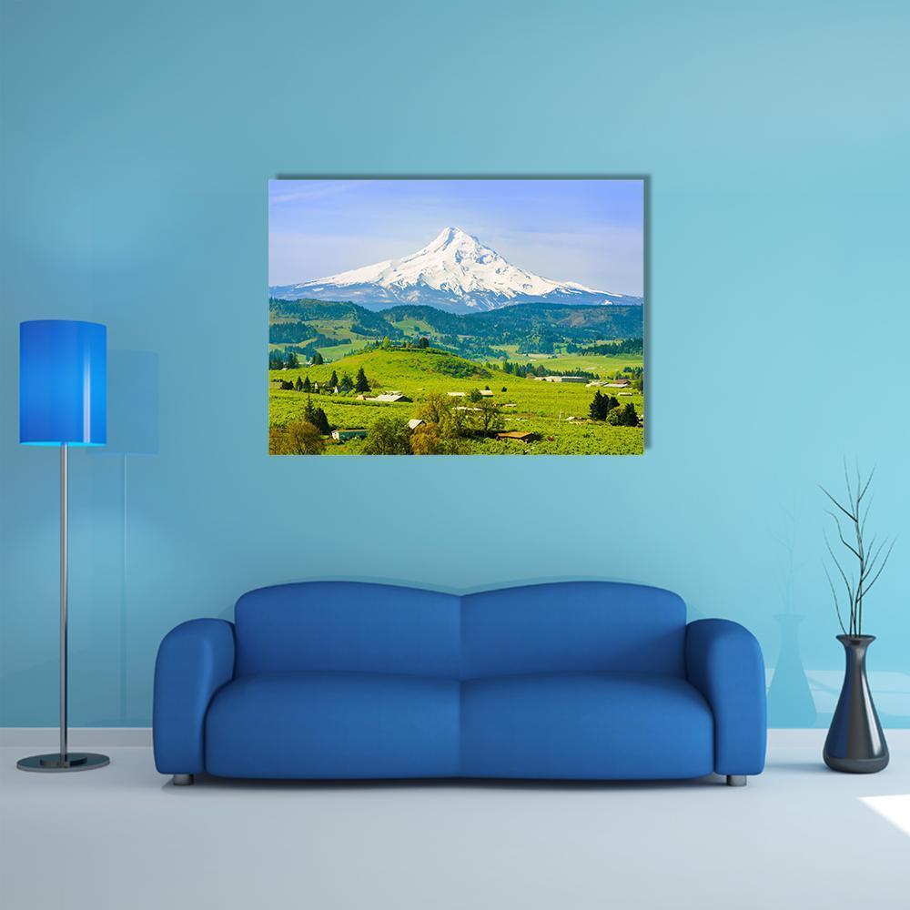 Hood River Valley Landscape Canvas Wall Art in white, green and blue, single panel hung on a wall