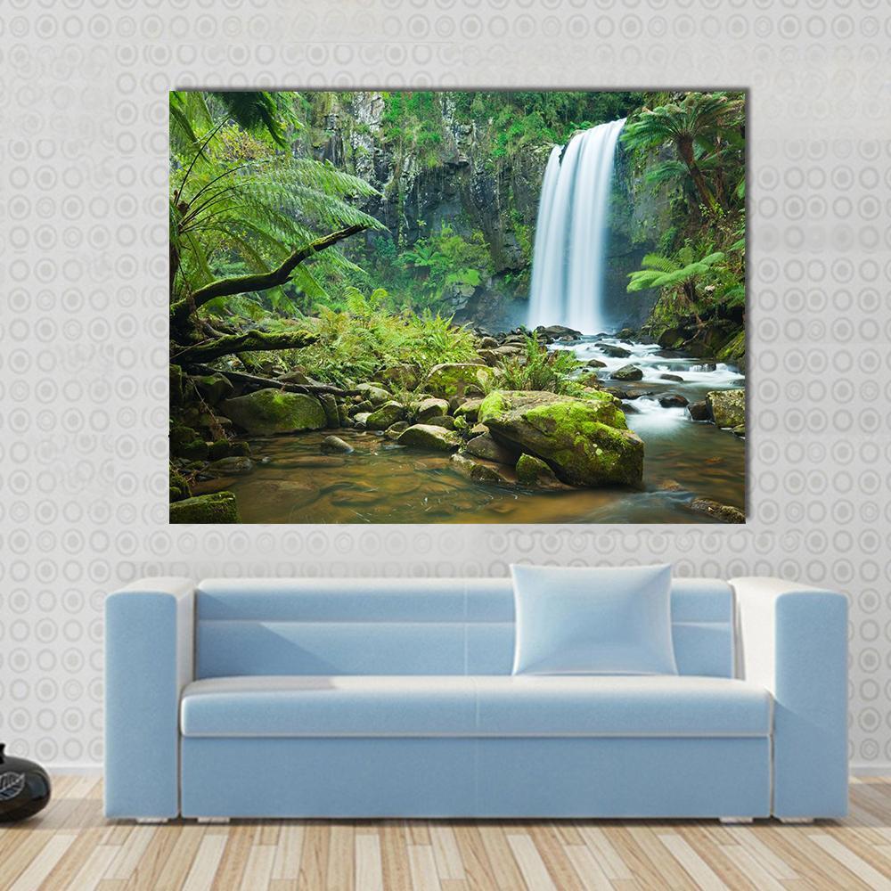 Hopetoun Falls Australia Canvas Wall Art in white, brown and green, single panel hung on a wall