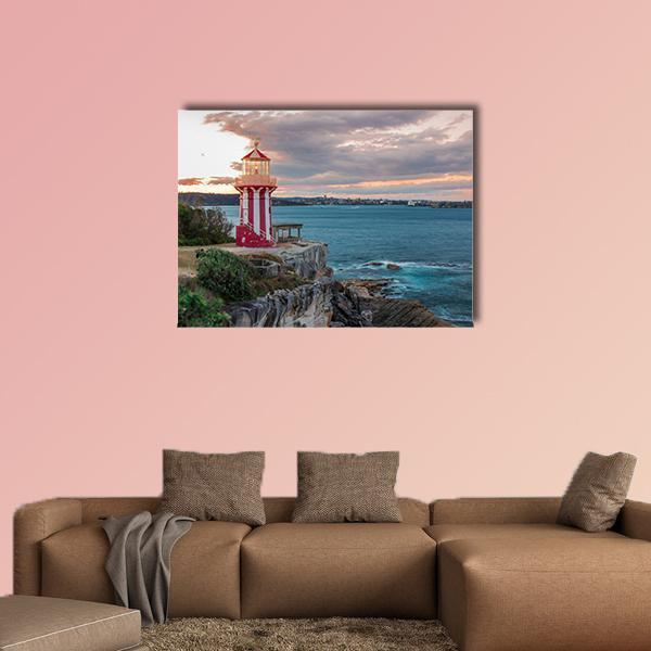 Hornby Lighthouse Sydney Canvas Wall Art in white, red and blue, single panel hung on a wall