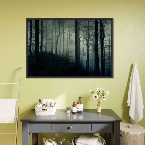 Foggy Jungle Horror Canvas Wall Art in black, gray and green, framed canvas, product view on a white background