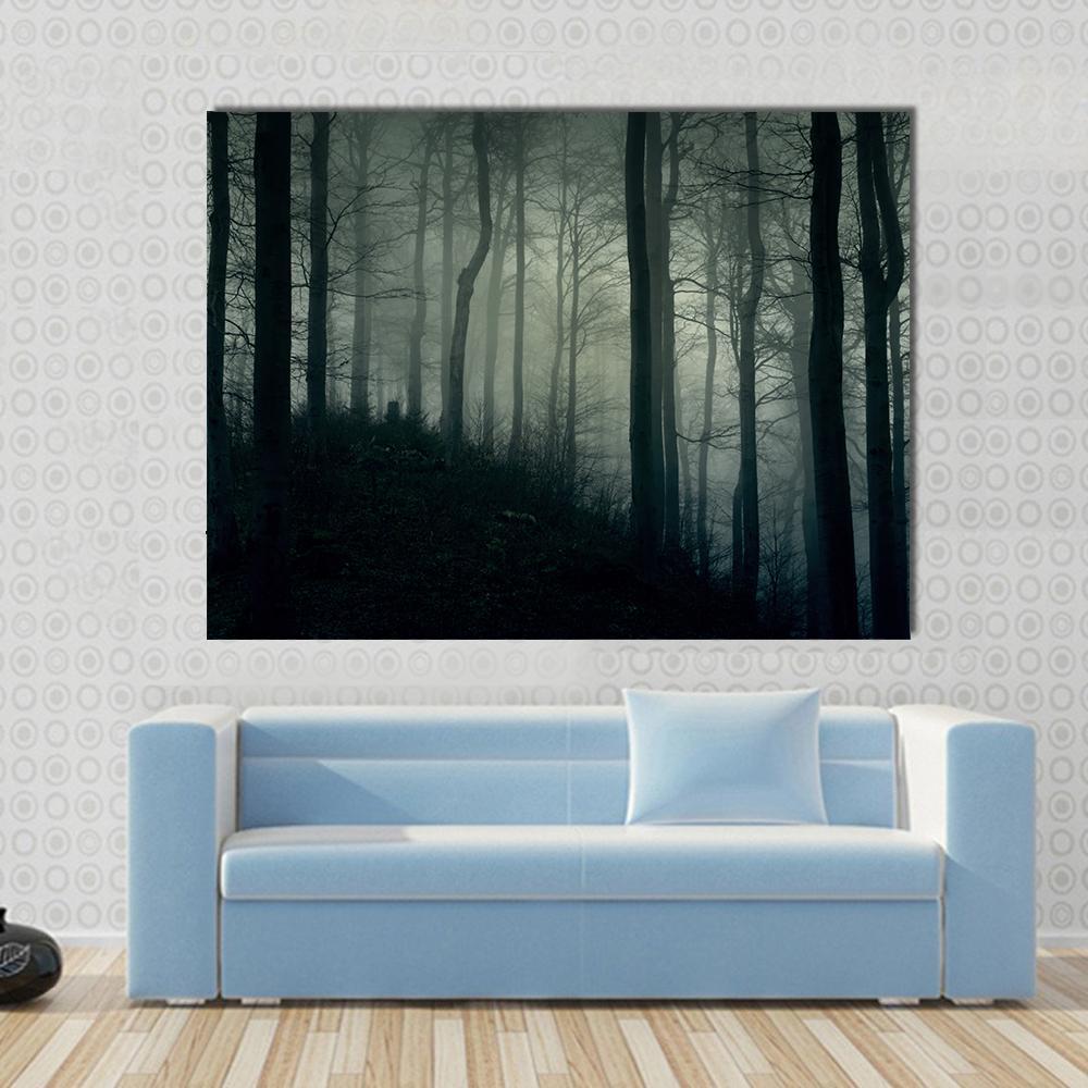 Foggy Jungle Horror Canvas Wall Art in black, gray and green, single panel hung on a wall