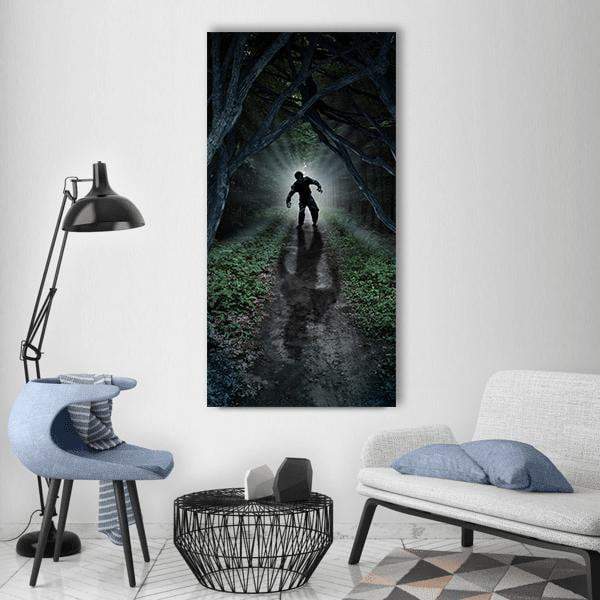 Ghoulish Figure in Dark Forest Vertical Canvas Wall Art in black, gray and green, single vertical panel hung on a wall