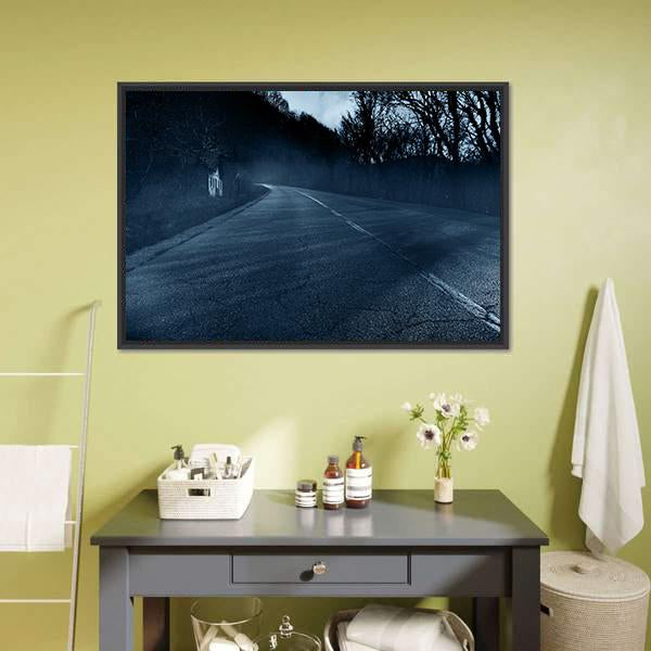Horror Road Canvas Wall Art in black and blue, framed canvas, product view on a white background