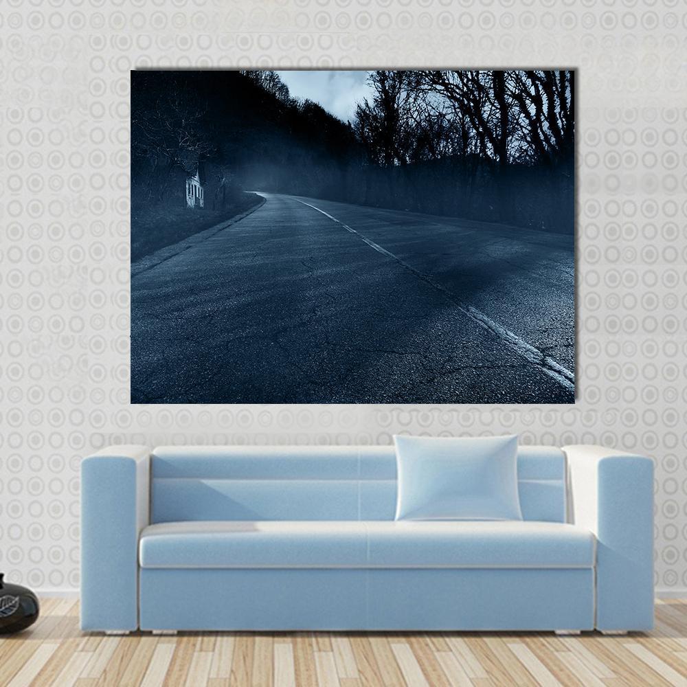 Horror Road Canvas Wall Art in black and blue, single panel hung on a wall