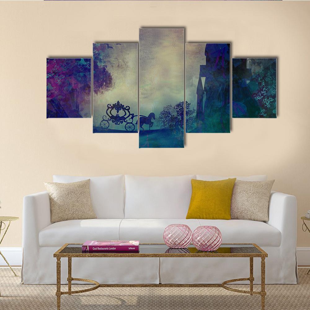Horse Carriage &amp; Medieval Castle Canvas Wall Art-5 Star-Gallery Wrap-62" x 32"-Tiaracle