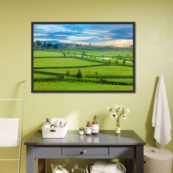 Horse Farm in Kentucky Canvas Wall Art in green and blue, framed canvas, product view on a white background