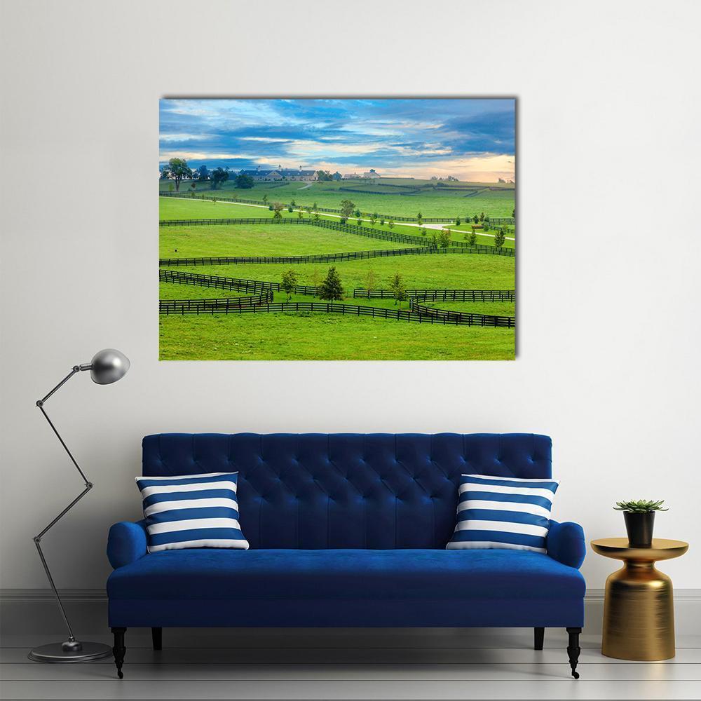 Horse Farm in Kentucky Canvas Wall Art in green and blue, single panel hung on a wall