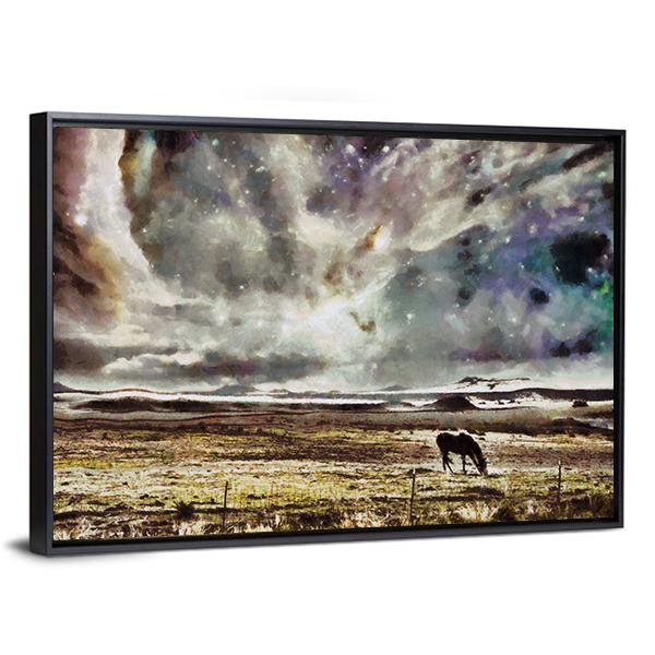Horse Grazes In Field Canvas Wall Art-3 Horizontal-Gallery Wrap-25" x 16"-Tiaracle