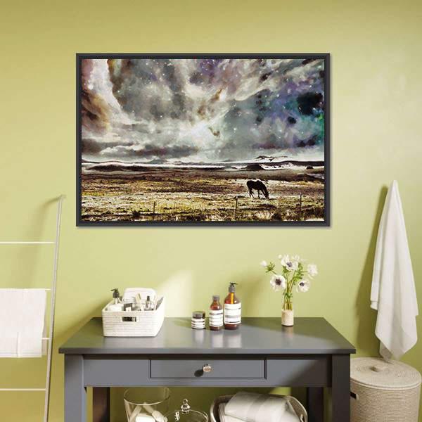 Horse Grazes In Field Canvas Wall Art-1 Piece-Floating Frame-24" x 16"-Tiaracle