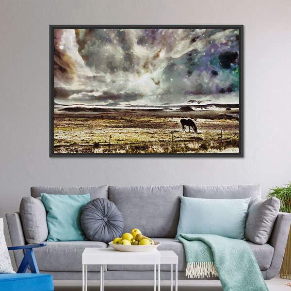 Horse Grazes In Field Canvas Wall Art-3 Horizontal-Gallery Wrap-25" x 16"-Tiaracle