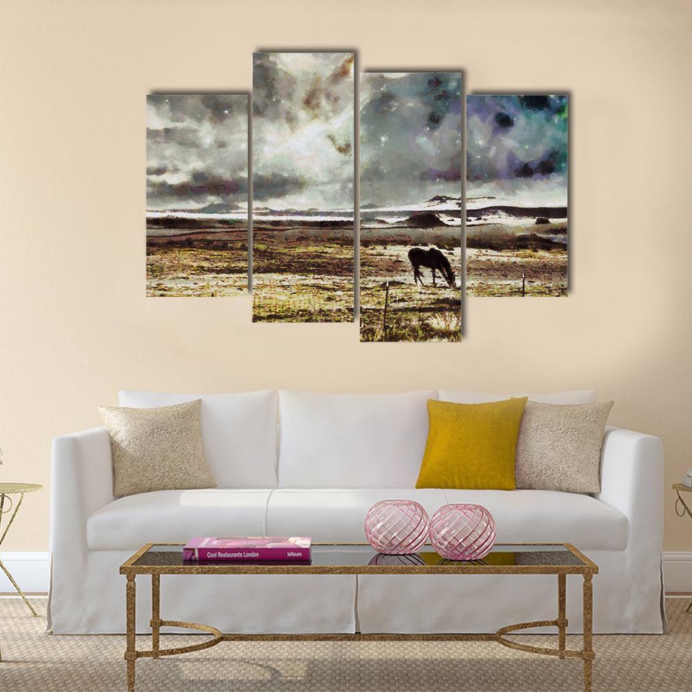 Horse Grazes In Field Canvas Wall Art-4 Pop-Gallery Wrap-50" x 32"-Tiaracle