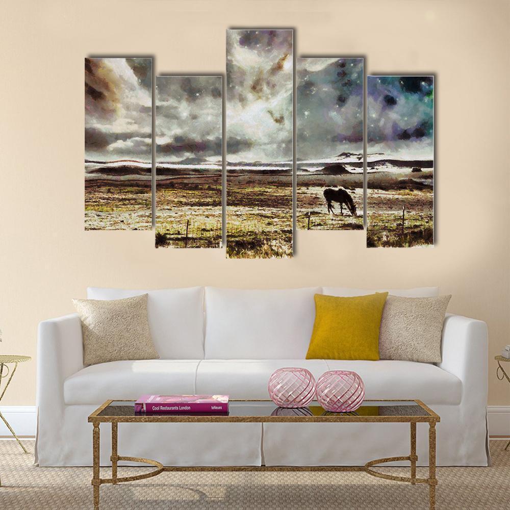 Horse Grazes In Field Canvas Wall Art-5 Pop-Gallery Wrap-47" x 32"-Tiaracle