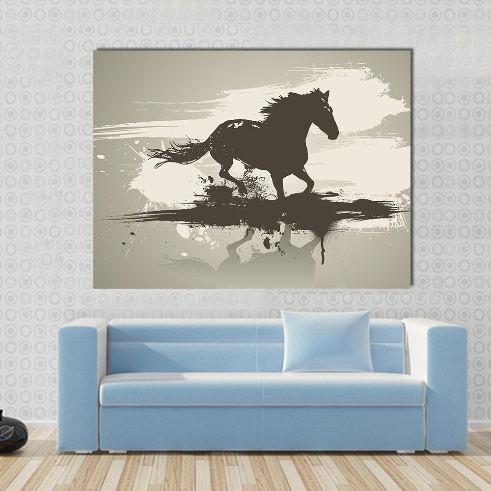 Horse Illustration Canvas Wall Art in white, beige and brown, single panel hung on a wall