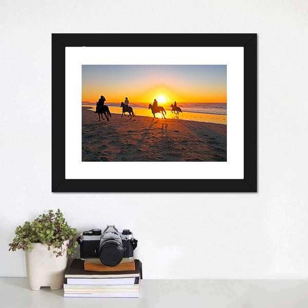 Horse Riding On Beach At Sunset Canvas Wall Art-1 Piece-Framed Print-20" x 16"-Tiaracle