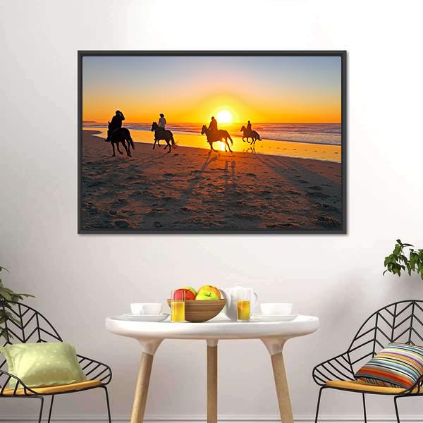 Horse Riding On Beach At Sunset Canvas Wall Art-5 Horizontal-Gallery Wrap-22" x 12"-Tiaracle