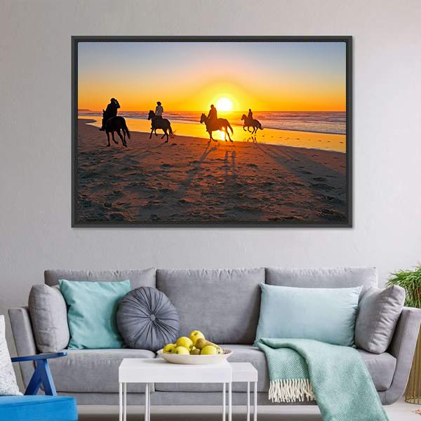 Horse Riding On Beach At Sunset Canvas Wall Art-5 Horizontal-Gallery Wrap-22" x 12"-Tiaracle
