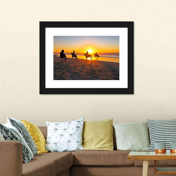 Horse Riding On Beach At Sunset Canvas Wall Art-5 Horizontal-Gallery Wrap-22" x 12"-Tiaracle