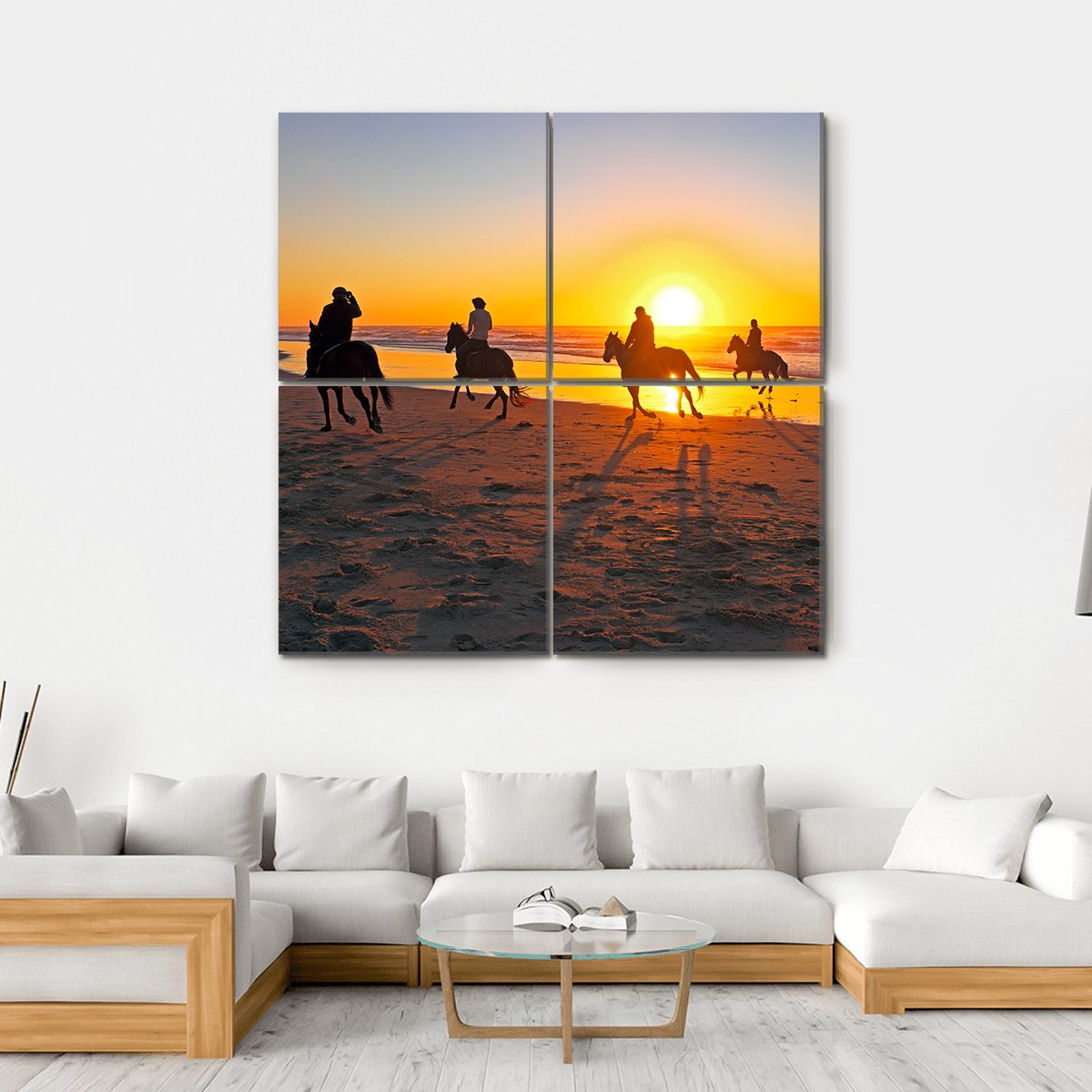 Horse Riding On Beach At Sunset Canvas Wall Art-4 Square-Gallery Wrap-17" x 17"-Tiaracle