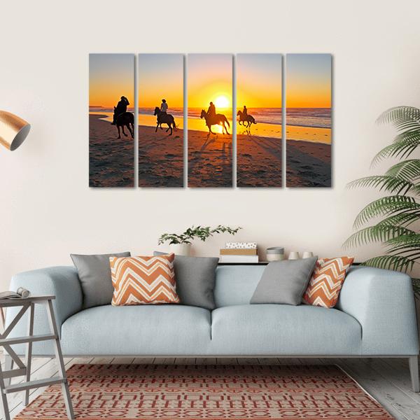 Horse Riding On Beach At Sunset Canvas Wall Art-5 Horizontal-Gallery Wrap-22" x 12"-Tiaracle