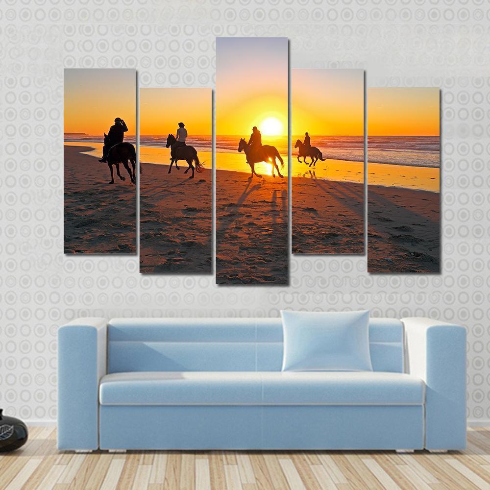 Horse Riding On Beach At Sunset Canvas Wall Art-5 Pop-Gallery Wrap-47" x 32"-Tiaracle