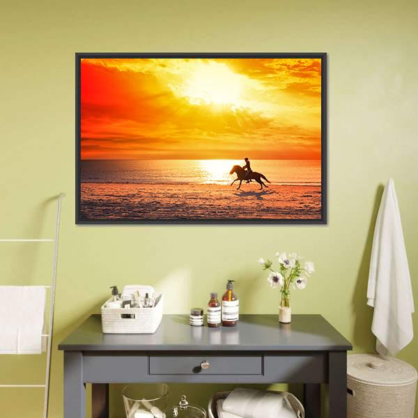 Horse Riding On Beach Canvas Wall Art-1 Piece-Floating Frame-24" x 16"-Tiaracle