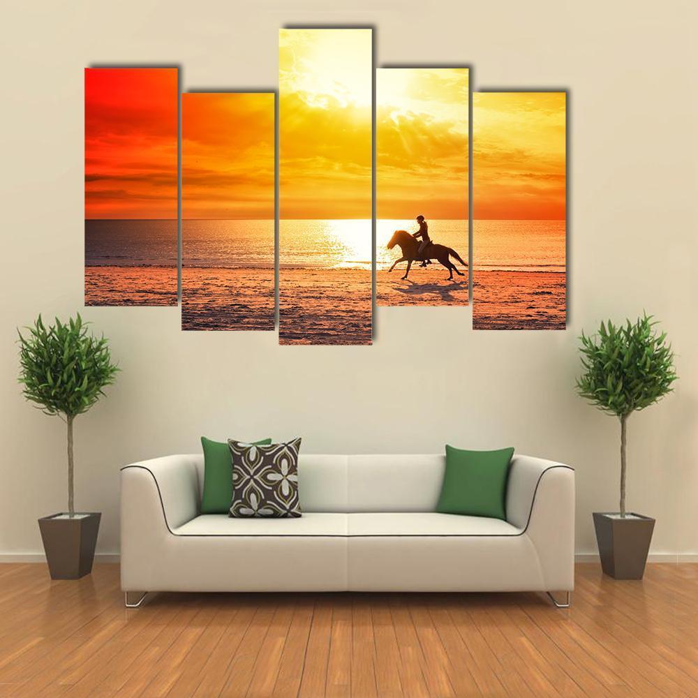Horse Riding On Beach Canvas Wall Art-5 Pop-Gallery Wrap-47" x 32"-Tiaracle