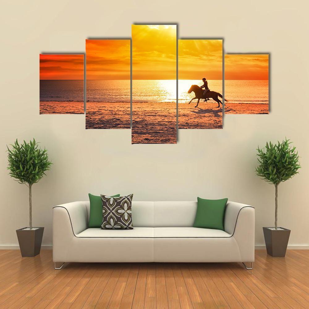 Horse Riding On Beach Canvas Wall Art-5 Star-Gallery Wrap-62" x 32"-Tiaracle