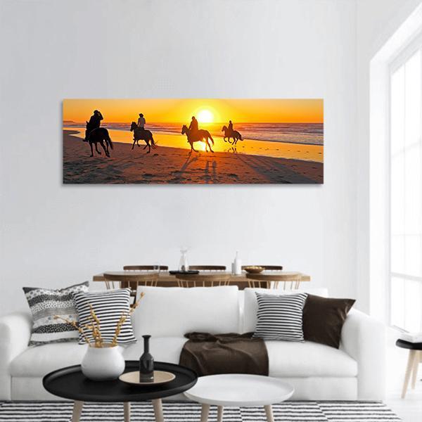 Horse Riding On Beach At Sunset Panoramic Canvas Wall Art-1 Piece-36" x 12"-Tiaracle