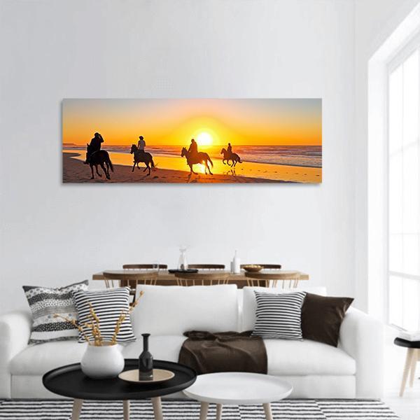 Horse Riding On Beach At Sunset Panoramic Canvas Wall Art-1 Piece-36" x 12"-Tiaracle