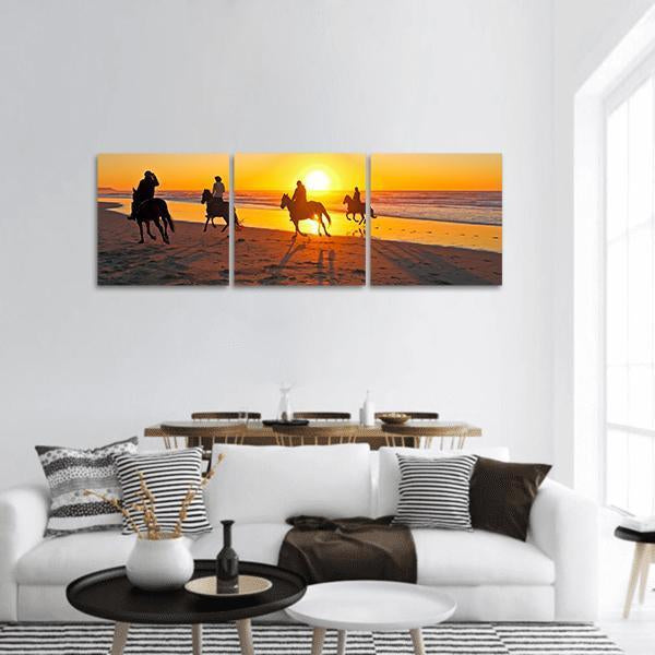 Horse Riding On Beach At Sunset Panoramic Canvas Wall Art-3 Piece-25" x 08"-Tiaracle