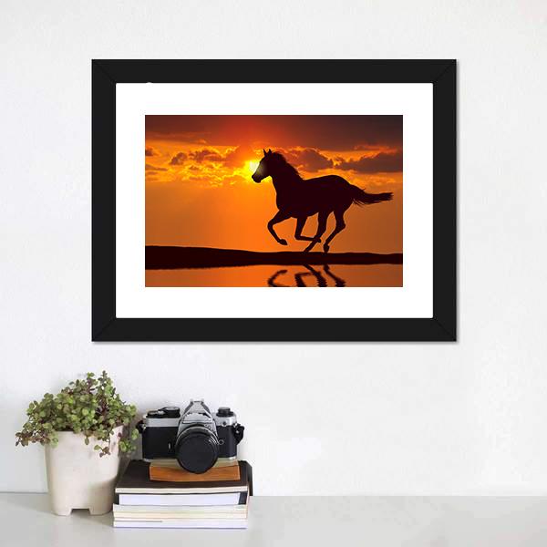 Horse Running During Sunset Canvas Wall Art-1 Piece-Framed Print-20" x 16"-Tiaracle