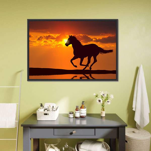 Horse Running During Sunset Canvas Wall Art-1 Piece-Floating Frame-24" x 16"-Tiaracle