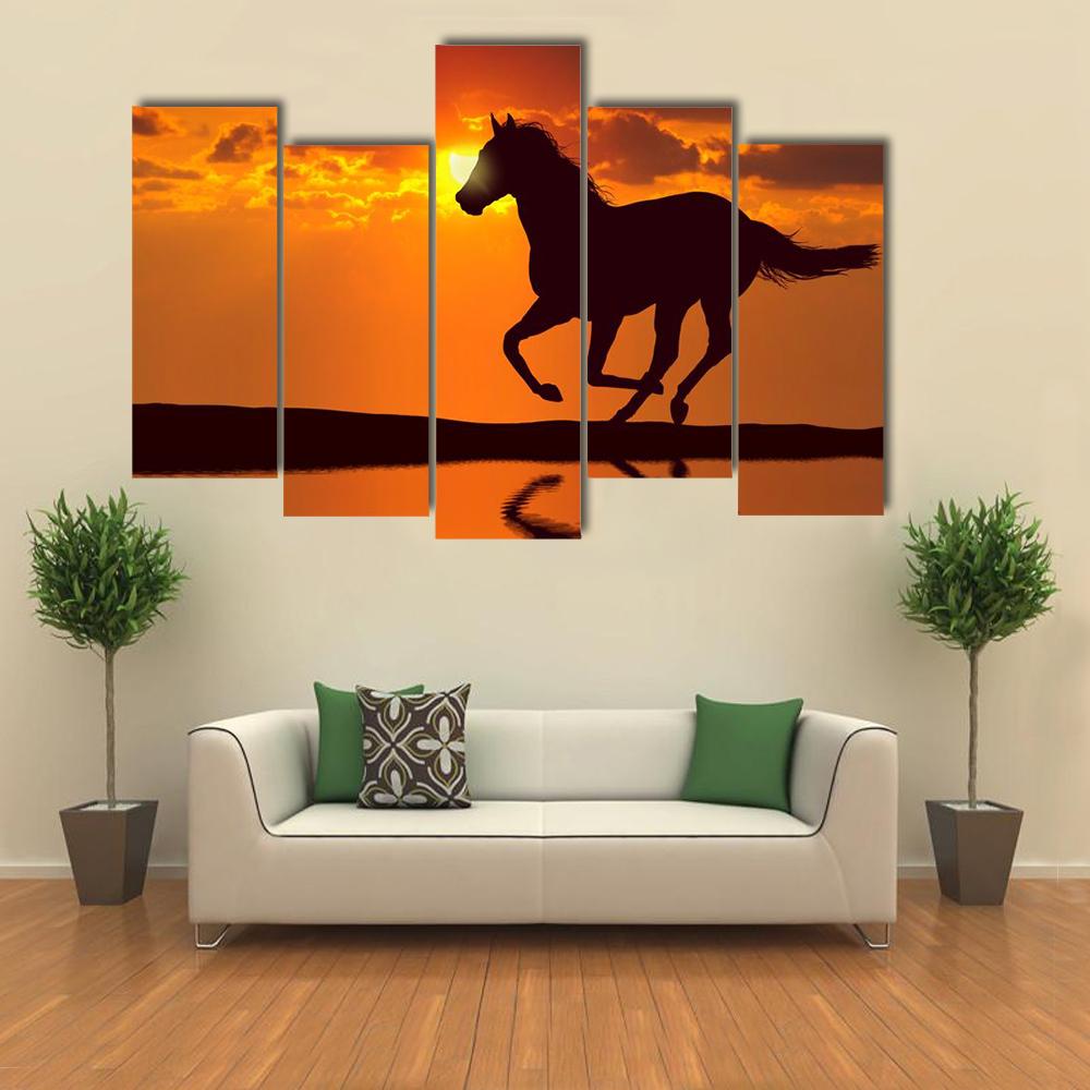 Horse Running During Sunset Canvas Wall Art-5 Pop-Gallery Wrap-32" x 21"-Tiaracle