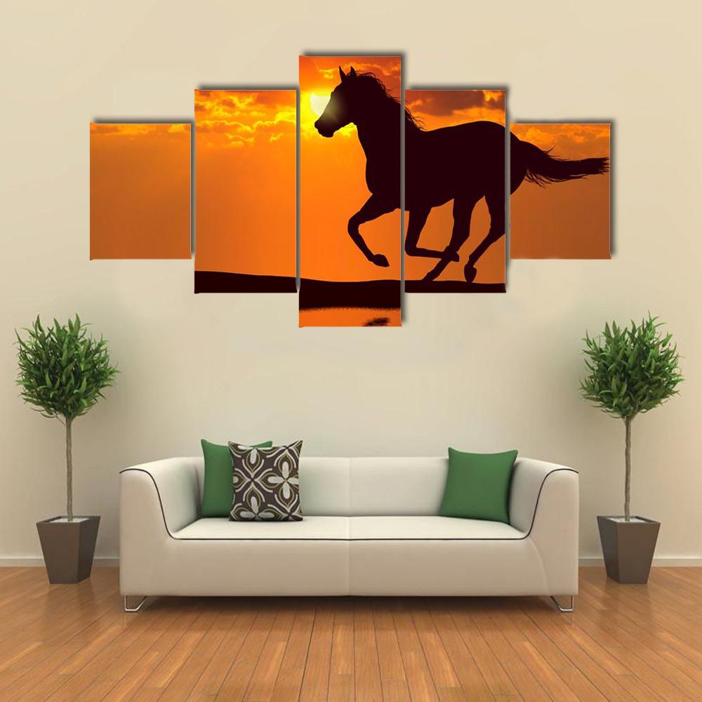 Horse Running During Sunset Canvas Wall Art-5 Star-Gallery Wrap-42" x 21"-Tiaracle