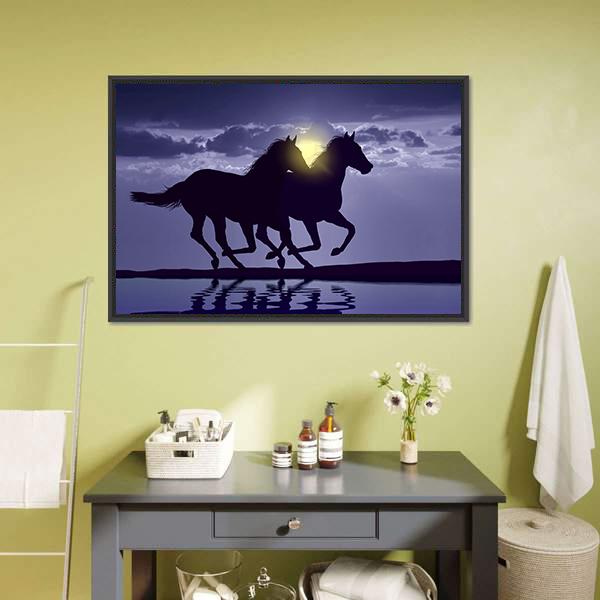 Horses Reflection In Water Canvas Wall Art-1 Piece-Floating Frame-24" x 16"-Tiaracle
