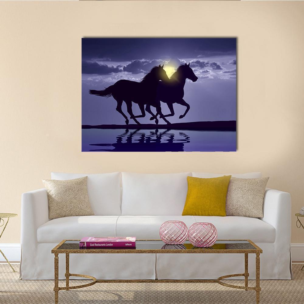 Two Galloping Horses Moonlit Reflection Canvas Wall Art in black, blue and purple, single panel hung on a wall