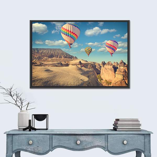 Hot Air Balloon Flying In Cappadocia Canvas Wall Art-1 Piece-Floating Frame-24" x 16"-Tiaracle