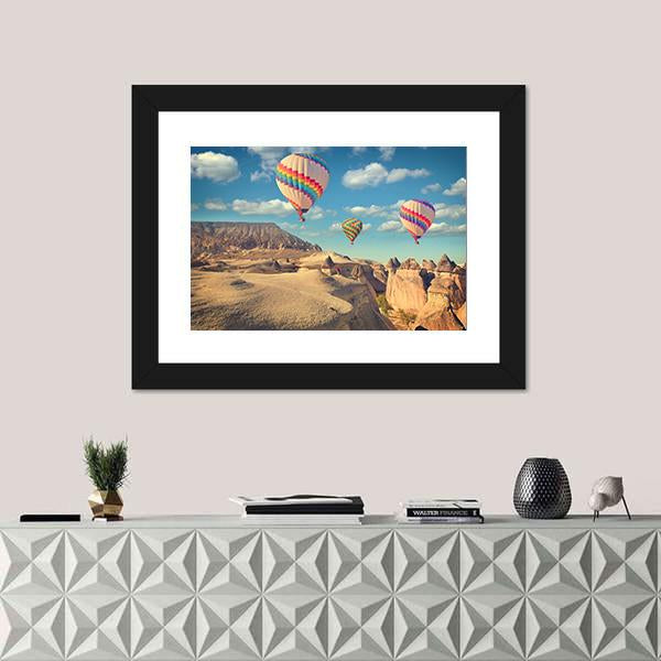 Hot Air Balloon Flying In Cappadocia Canvas Wall Art-1 Piece-Framed Print-20" x 16"-Tiaracle
