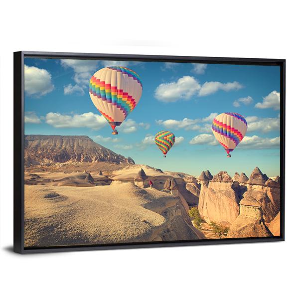 Hot Air Balloon Flying In Cappadocia Canvas Wall Art-3 Horizontal-Gallery Wrap-25&quot; x 16&quot;-Tiaracle