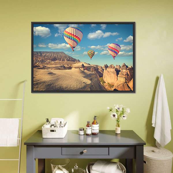 Hot Air Balloons Over Cappadocia Canvas Wall Art in beige, brown and blue, framed canvas, product view on a white background