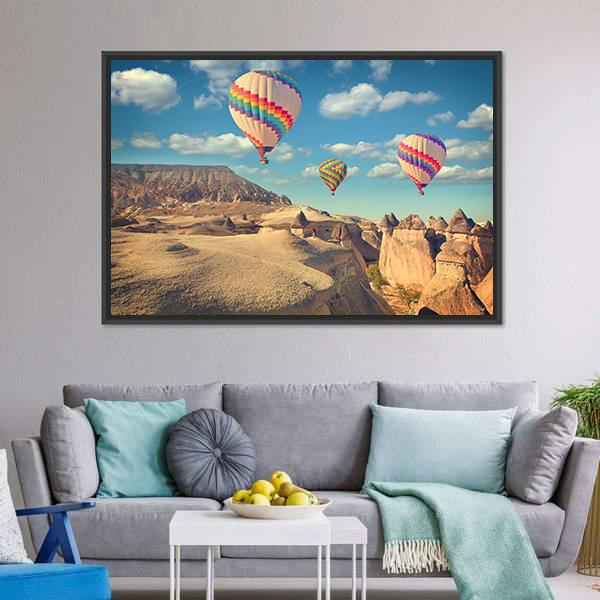 Hot Air Balloon Flying In Cappadocia Canvas Wall Art-3 Horizontal-Gallery Wrap-25&quot; x 16&quot;-Tiaracle