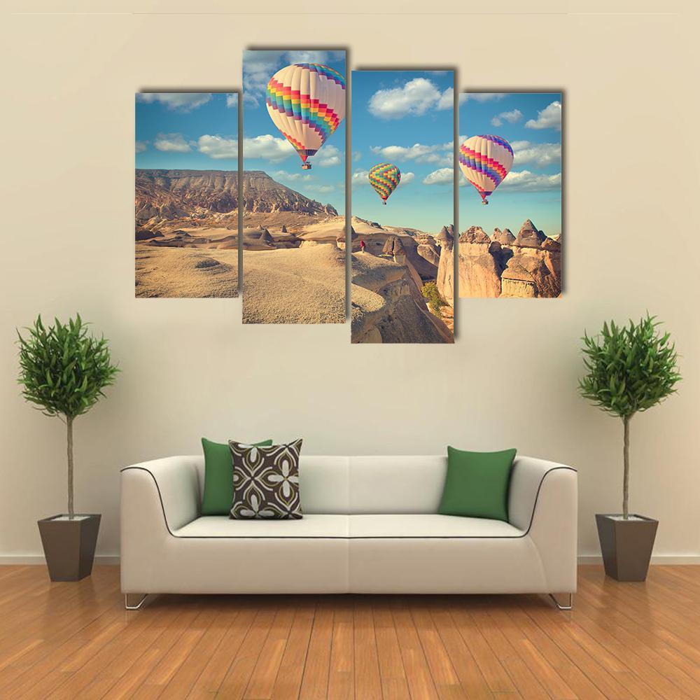 Hot Air Balloon Flying In Cappadocia Canvas Wall Art-4 Pop-Gallery Wrap-50&quot; x 32&quot;-Tiaracle