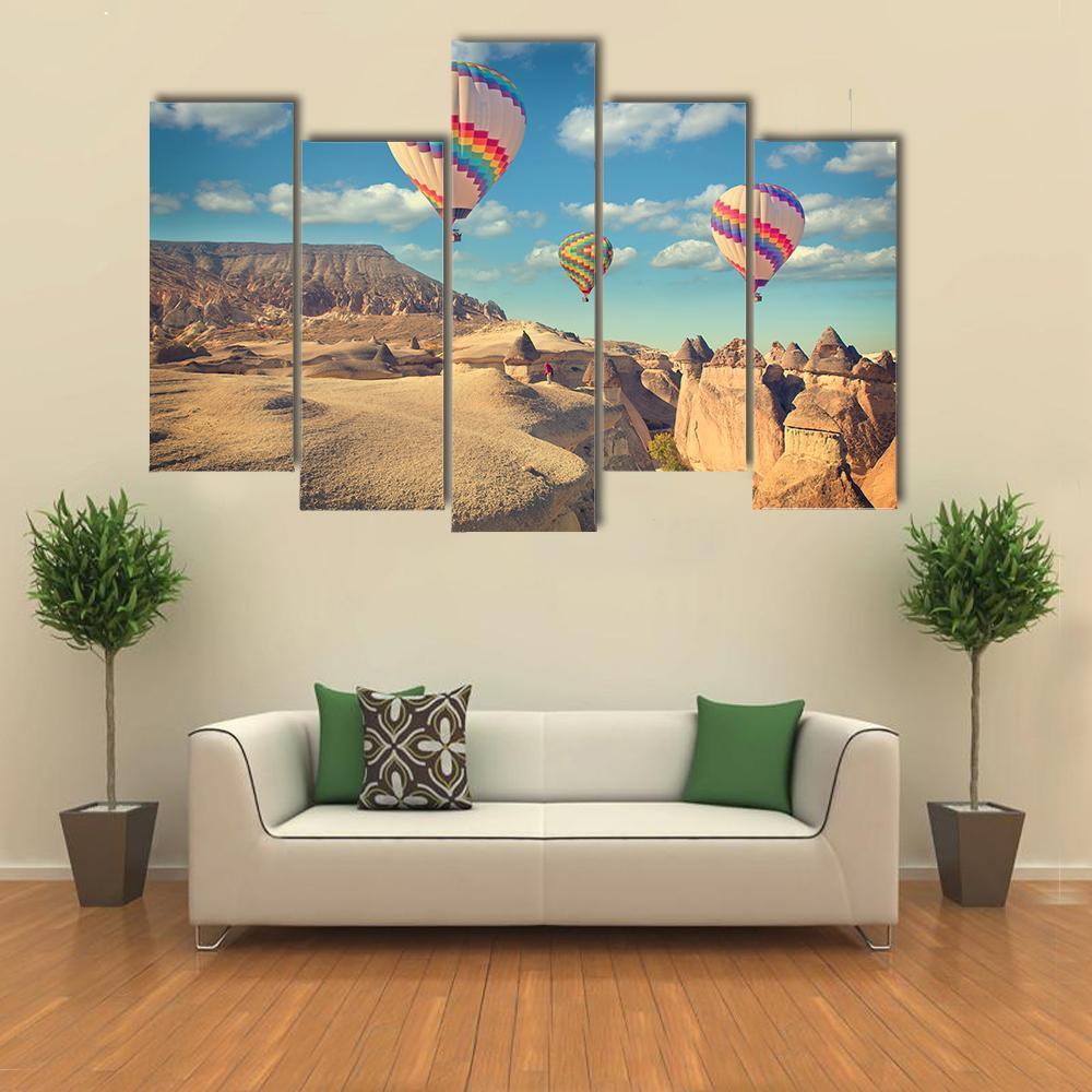 Hot Air Balloon Flying In Cappadocia Canvas Wall Art-5 Pop-Gallery Wrap-47&quot; x 32&quot;-Tiaracle