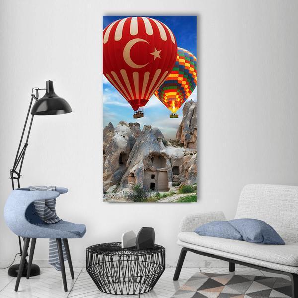 Cappadocia Hot Air Balloon with Turkish Flag Vertical Canvas Wall Art in beige, red and blue, single vertical panel hung on a wall