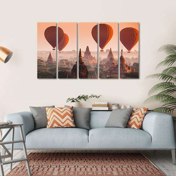 Hot Air Balloon Over Bagan Canvas Wall Art-5 Horizontal-Gallery Wrap-22" x 12"-Tiaracle