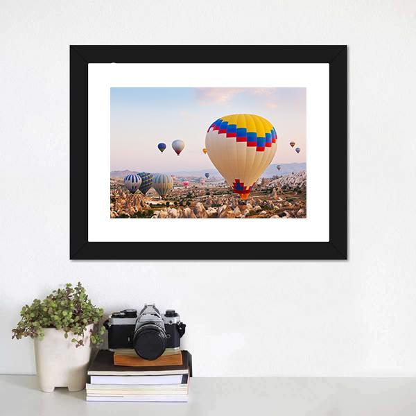 Hot Air Balloons Flying Over Cappadocia Canvas Wall Art-1 Piece-Framed Print-20" x 16"-Tiaracle