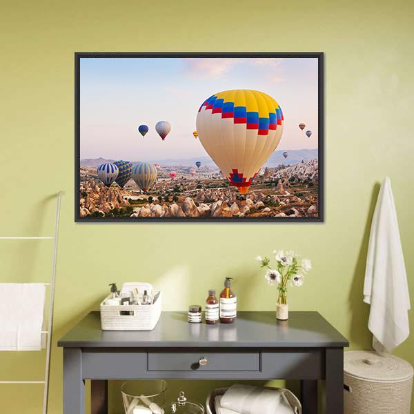 Hot Air Balloons Flying Over Cappadocia Canvas Wall Art-1 Piece-Floating Frame-24" x 16"-Tiaracle
