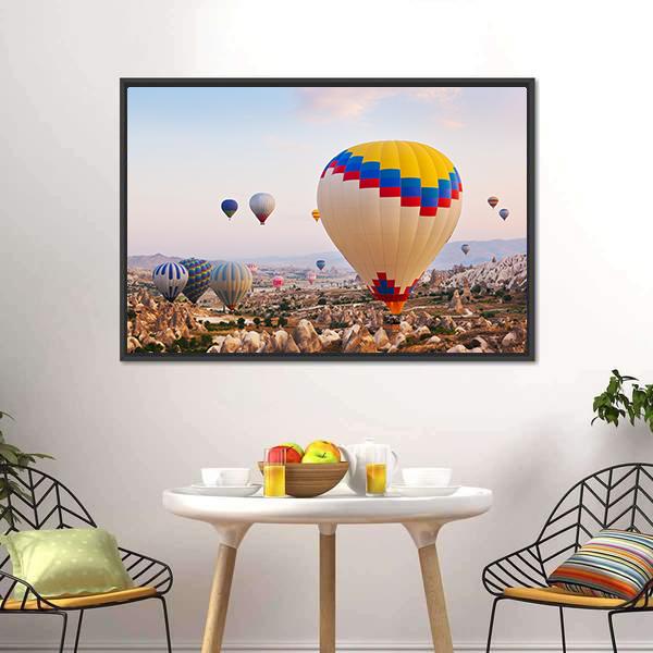 Hot Air Balloons Flying Over Cappadocia Canvas Wall Art-3 Horizontal-Gallery Wrap-25" x 16"-Tiaracle