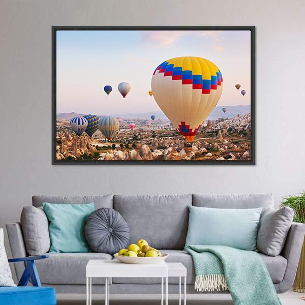 Hot Air Balloons Flying Over Cappadocia Canvas Wall Art-3 Horizontal-Gallery Wrap-25" x 16"-Tiaracle