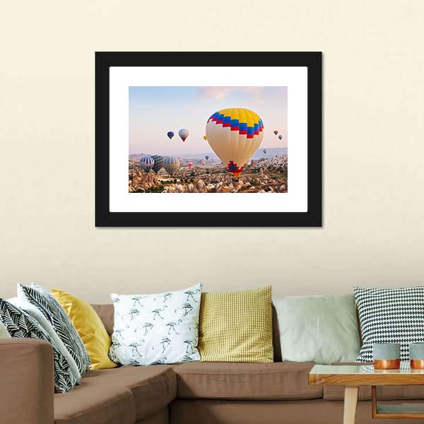 Hot Air Balloons Flying Over Cappadocia Canvas Wall Art-3 Horizontal-Gallery Wrap-25" x 16"-Tiaracle